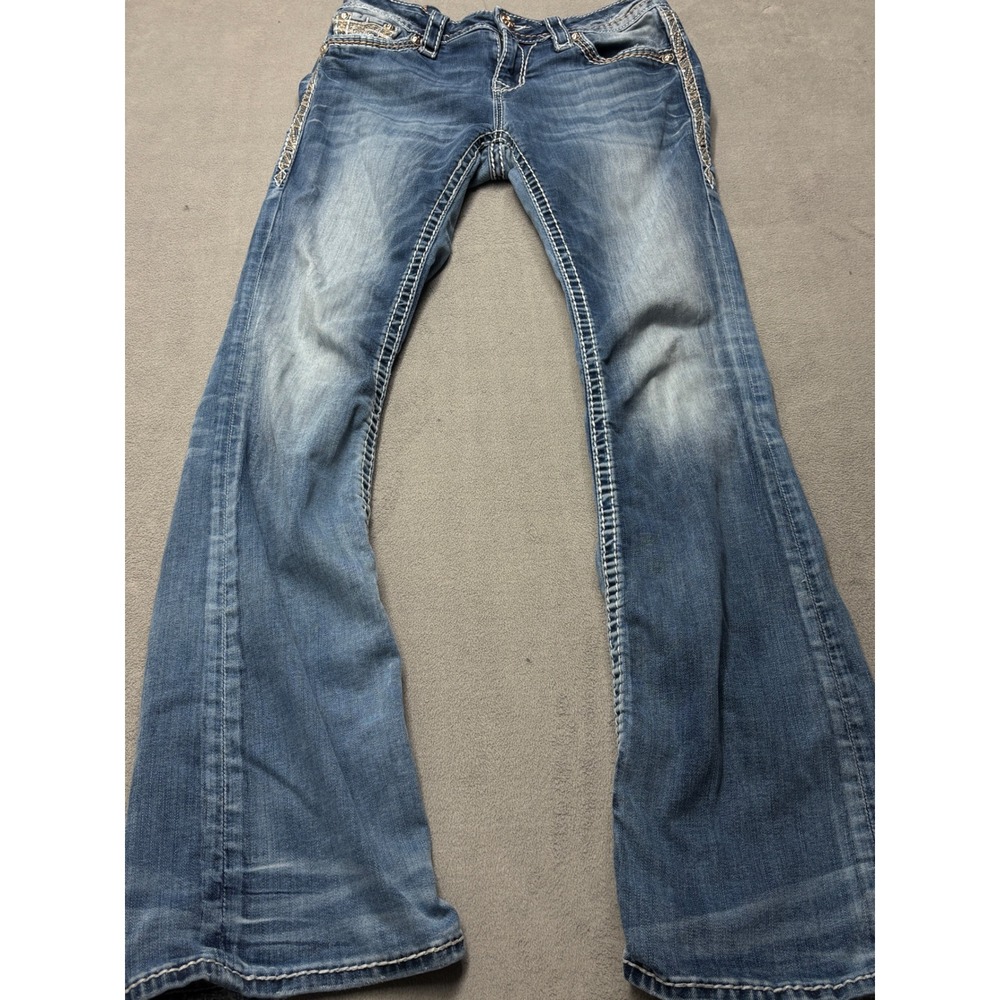 Rock Revival Luna Mid Rise Bootcut Jeans Blue Sequin Embroidered Womens 28
